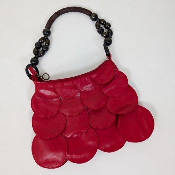 Scalloped Shoulder Bag Purse Handbag Beaded Faux Leather Pleather Cherry Red - Picture 9 of 10